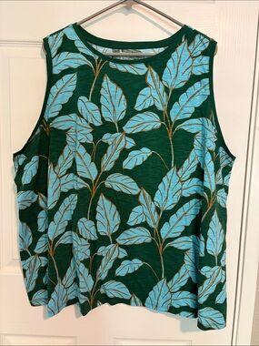 St. John's Bay Teal Green Tank with Light Blue Leaf Print NWOT